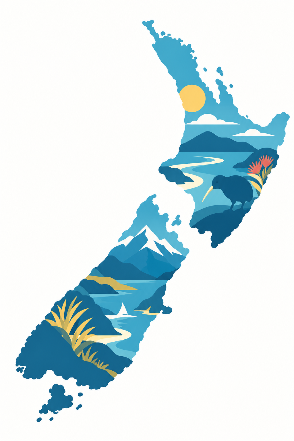 Illustrated map of New Zealand with mountains, waterways, native plants and a kiwi